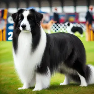 Ein Border Collie aus der Showlinie mit langem, glänzendem schwarz-weißem Fell steht stolz in einem Hundeshow-Ring