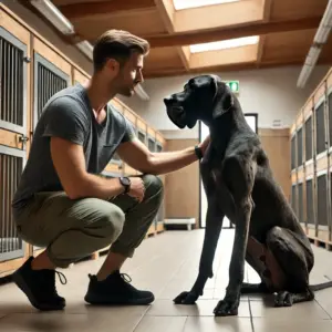 Die schwarze deutsche Dogge aus dem Tierheim wird von ihrem neuen "Herrchen" abgeholt und freut sich sehr
