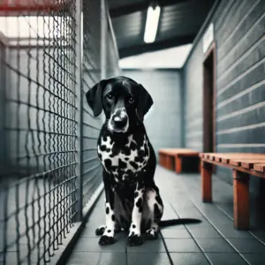 Ein schwarzer Dalmatiner sitzt traurig und allein hinter einem Zaun in einem Tierheim und wartet auf seine zweite Chance der Adoption