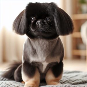 Ein Pekinese mit kurzem, gepflegtem Fell in tiefem Schwarz, sitzt auf einer Hundedecke in der Wohnung