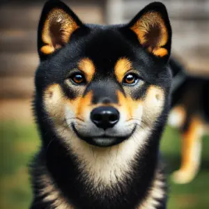 shiba-inu-schwarz-black-and-tan-fellfarbe Ein Black and Tan Shiba Inu mit überwiegend schwarzem Fell und tanfarbenen Abzeichen an Augenbrauen, Brust, Beinen und Bauch