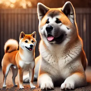 shiba-inu-vs-atika Ein Vergleichsbild von Shiba Inu und Akita im Freien. Der kleinere Shiba Inu zeigt ein fuchsartiges Aussehen und eine kompakte Statur mit einem verspielten Ausdruck, während der größere Akita mit breitem Kopf und kräftigem Körperbau eine würdige, ernste Ausstrahlung hat.