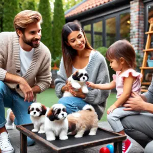Eine Familie besucht einen professionellen Shih Tzu-Züchter im Garten und spielt mit mehreren Welpen, während der Züchter die Hunde erklärt