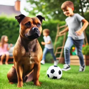 Ein brauner Staffordshire Bullterrier sitzt ruhig auf einer Wiese und trainiert die Reizschwelle dadurch, während ein Kind mit einem Ball in der Nähe spielt