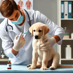 Tierarzt verabreicht einem Labrador-Welpen eine Staupe-Impfung