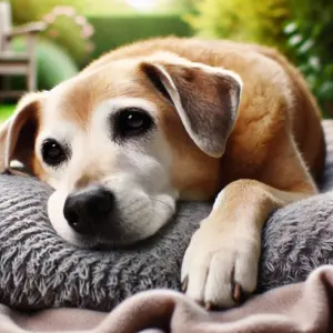 Ein älterer Hund, der schwach wirkt und auf einem weichen Bett liegt, mit einem traurigen Ausdruck, als Symbol für Symptome im Endstadium des Lymphoms beim Hund