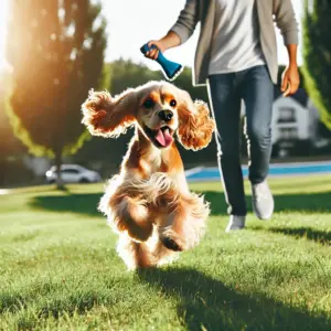 Ein fröhlicher und energiegeladener Cocker Spaniel rennt in einem grünen Park und spielt Apportieren, um seinen täglichen Bewegungsbedarf zu decken