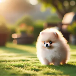 Ein Teacup Pomeranian steht auf einer Wiese 