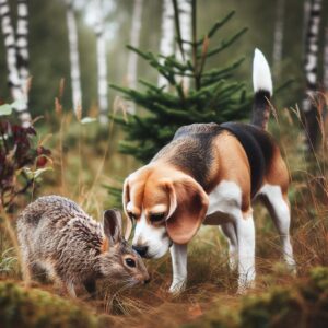 Beagle-Hund schnüffelt an einem Hasen im Wald, potenzielles Risiko der Tollwutübertragung durch Wildtiere