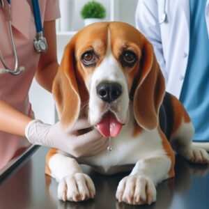 Beagle-Hund wird beim Tierarzt untersucht, um mögliche Tollwutinfektion zu diagnostizieren