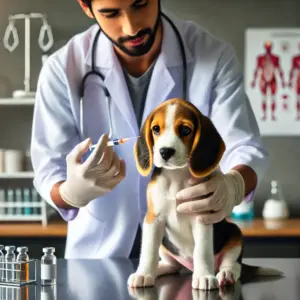 Ein junger Welpe wird von einem Tierarzt gegen Tollwut geimpft. Der Tierarzt verabreicht eine Impfung in einer klinischen Umgebung