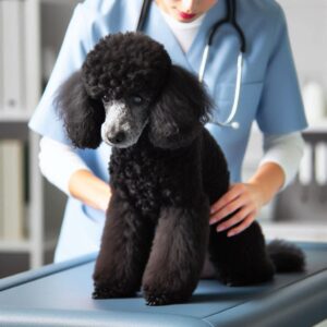 Ein Pudel steht auf einem Tierarzttisch und wird während einer Untersuchung auf Mastzelltumor bei Hunden untersucht