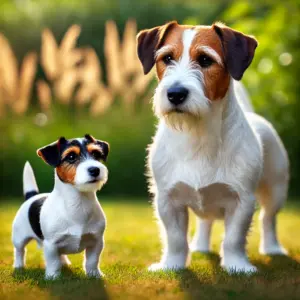 Ein Vergleichsbild von einem Jack Russell Terrier und einem Parson Russell Terrier im Freien auf einer Wiese. Der Jack Russell ist kleiner, kompakter und hat kürzere Beine sowie einen rechteckigen Körperbau. Der Parson Russell ist größer, hat längere Beine und einen quadratischeren, robusteren Körperbau