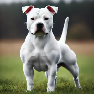Ein weißer American Stafford Terrier steht selbstbewusst auf der wiese