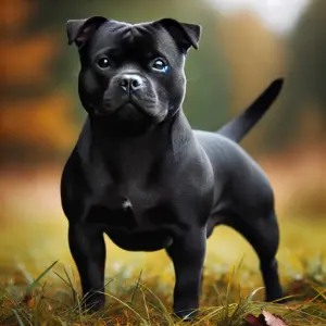 Der Schwarze Staffordshire Bullterrier steht auf der Wiese und sieht in die Kamera