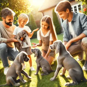 Eine Familie besucht einen Züchter im Garten und lässt sich beraten um danach einen Weimaraner Welpen zu kaufen