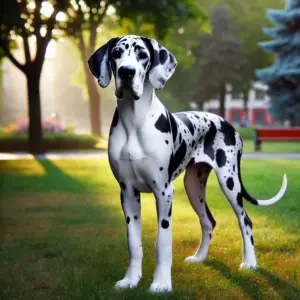 Das Bild zeigt eine Harlekin-Deutsche Dogge mit weißem Fell und schwarzen Flecken in einem friedlichen Park