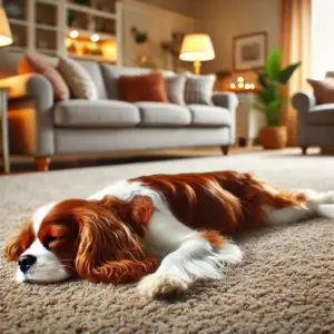 Charles Spaniel nach mehreren Ohnmachtsanfälle was meist Symtome im Endstadium einer Herzinsuffizienz beim Hund andeutet, liegt erschöpft auf dem Teppich