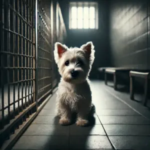 Ein trauriger West Highland Terrier sitzt ruhig hinter Metallgittern in einem Tierheim wartet auf die zweite Chance einer Adoption