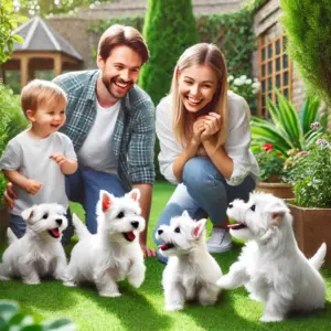 Eine Familie bersucht einen Züchter und möchte einen West Highland Terrier Welpen kaufen