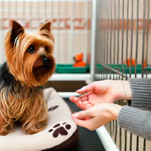 Ein Yorkshire Terrier wird im Tierheim besucht für eventuelle Adoption
