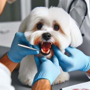 Tierärztliche Untersuchung eines Malteser wegen Verdacht auf Parodontitis und anderer möglicher Zahnerkrankung bei Hunden