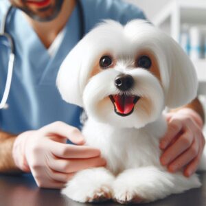 Zufriedener Malteser Hund und Tierarzt nach erfolgreicher Zahnsteinbehandlung und genesener Parodontitis