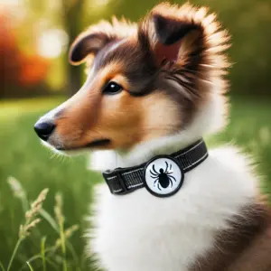 Collie-Welpe trägt ein Zeckenhalsband in einem grünen Feld, Schutz vor Zeckenbefall durch ein Seresto oder Beaphar Halsband