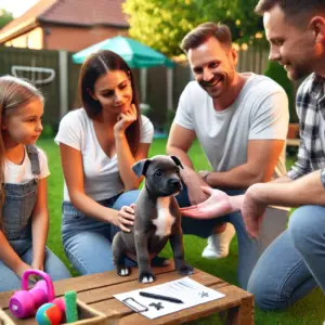 Eine Familie beim Züchter für Stafford Bullterrier informiert sich vor dem Welpenkauf