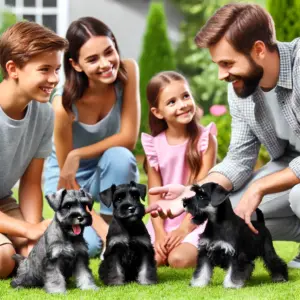 Eine Familie besucht einen verantwortungsvollen Züchter, um einen Zwergschnauzer-Welpen zu kaufen. Die Familie interagiert mit spielenden Welpen in einem gepflegten Garten, während der Züchter Informationen über die Hunde gibt
