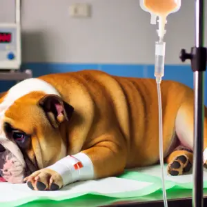 Bulldogge erhält medizinische Behandlung mit Infusion. Diagnose und Behandlung von Zwingerhusten bei Hunden