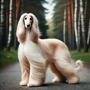 Ein cremefarbener Afghanischer Windhund mit weichem, seidigem Fell steht elegant auf einem malerischen Weg, umgeben von Bäumen