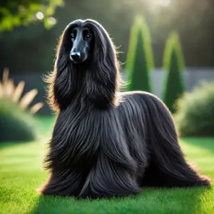 Ein majestätischer schwarzer Afghanischer Windhund mit seidig fließendem Fell steht anmutig auf einer grünen Wiese