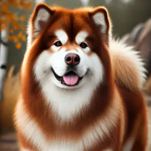 Ein brauner Alaskan Malamute mit rötlich-braunem, sablefarbenem Fell und weißen Abzeichen an Brust, Gesicht und Pfoten, steht in natürlicher Umgebung