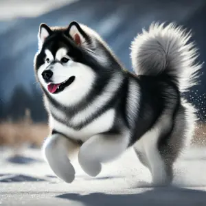 Ein mittelgroßer Alaskan Malamute der Hinman-Irwin-Linie mit mittel- bis langem Fell in Grau oder Schwarz mit weißen Markierungen läuft durch den Schnee