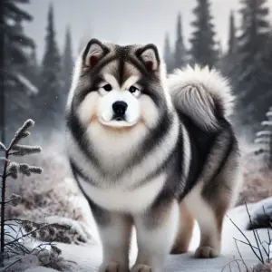 Ein kompakter und kräftig gebauter Alaskan Malamute der Kotzebue-Linie, mit dichtem, mittellangem Fell in Wolfsgrau und weißen Abzeichen, steht in einer ruhigen Schneelandschaft