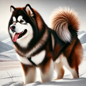 Großer, muskulöser Alaskan Malamute der M’Loot-Linie mit längerer Fellstruktur, in einer aktiven Pose und kräftiger Statur