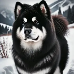 Ein schwarzer Alaskan Malamute mit kraftvollem, fast tiefschwarzem Fell und weißen Abzeichen an Gesicht, Brust und Pfoten. Der Hund steht selbstbewusst in einer verschneiten Landschaft