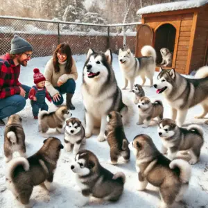 Eine Familie besucht den Züchter im Garten und informiert sich bevor sie einen Alaskan Malamut Welpen kaufen