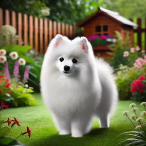 Ein American Eskimo Dog in der Miniaturgröße, der aufmerksam in einem gepflegten Garten mit Blumen und einem Holzzaun im Hintergrund steht