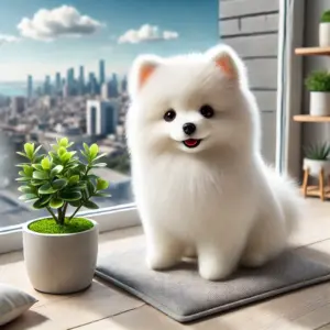 Ein kleiner American Eskimo Dog in der Toy-Variante, der auf einem gemütlichen Balkon mit einem Topf einer grünen Pflanze sitzt