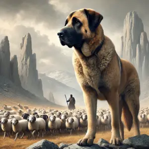Ein Anatolischer Hirtenhund der Arbeitslinie, der in einer rauen Landschaft mit einer Schafherde und felsigem Gelände im Hintergrund steht