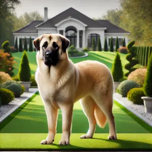Ein Anatolischer Hirtenhund der europäischen Linie, der in einer gepflegten Gartenlandschaft mit Rasen steht. Der Hund zeigt eine ausgewogene, elegante Erscheinung mit dichterem, leicht längerem Fell in Sand- oder Beigetönen