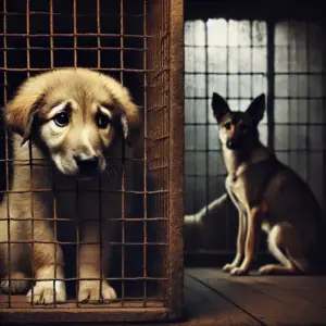 ein kleiner trauriger Anatolischer Hirtenhund in Not sitzt im Tierheim und wartet auf Adoption