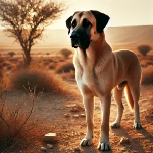 Ein Anatolischer Hirtenhund mit kurzem, dichtem Fell, der in einer warmen, trockenen Landschaft steht. Das glatte Fell zeigt seine Wetterbeständigkeit und die Eignung für heiße Klimazonen