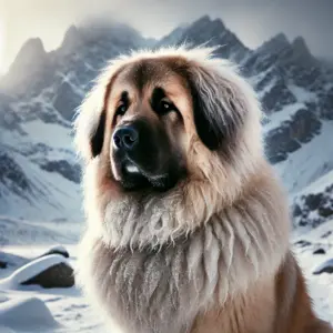 Ein Anatolischer Hirtenhund mit langem, flauschigem Fell, der in einer verschneiten, kalten Umgebung steht. Das dicke Fell unterstreicht die Widerstandsfähigkeit des Hundes gegenüber rauem Winterklima