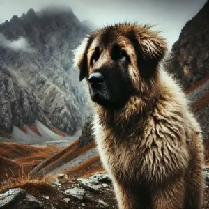 Ein Anatolischer Hirtenhund mit drahtigem, rauem Fell, der in einer zerklüfteten, gebirgigen Umgebung steht. Das robuste, wetterfeste Fell reflektiert seine Anpassung an extreme Wetterbedingungen