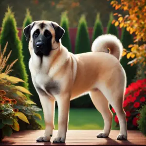 Ein Anatolischer Hirtenhund der Showlinie, der elegant in einer gepflegten Gartenlandschaft steht. Der Hund hat ein einheitlich sandfarbenes Fell mit einer markanten schwarzen Maske und eine ausgewogene, elegante Statur
