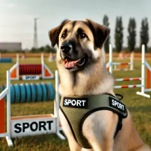 Ein Anatolischer Hirtenhund der Sportlinie, der in einem offenen Trainingsfeld mit Agility-Geräten im Hintergrund steht. Der Hund hat eine leichtere, athletische Statur und einen konzentrierten Ausdruck