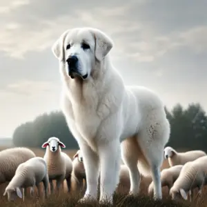 Ein eleganter Akbash-Hund mit reinweißem Fell, der anmutig in einer ruhigen Weidelandschaft steht. Der Hund wirkt gelassen und integriert sich optisch perfekt in eine Herde grasender Schafe